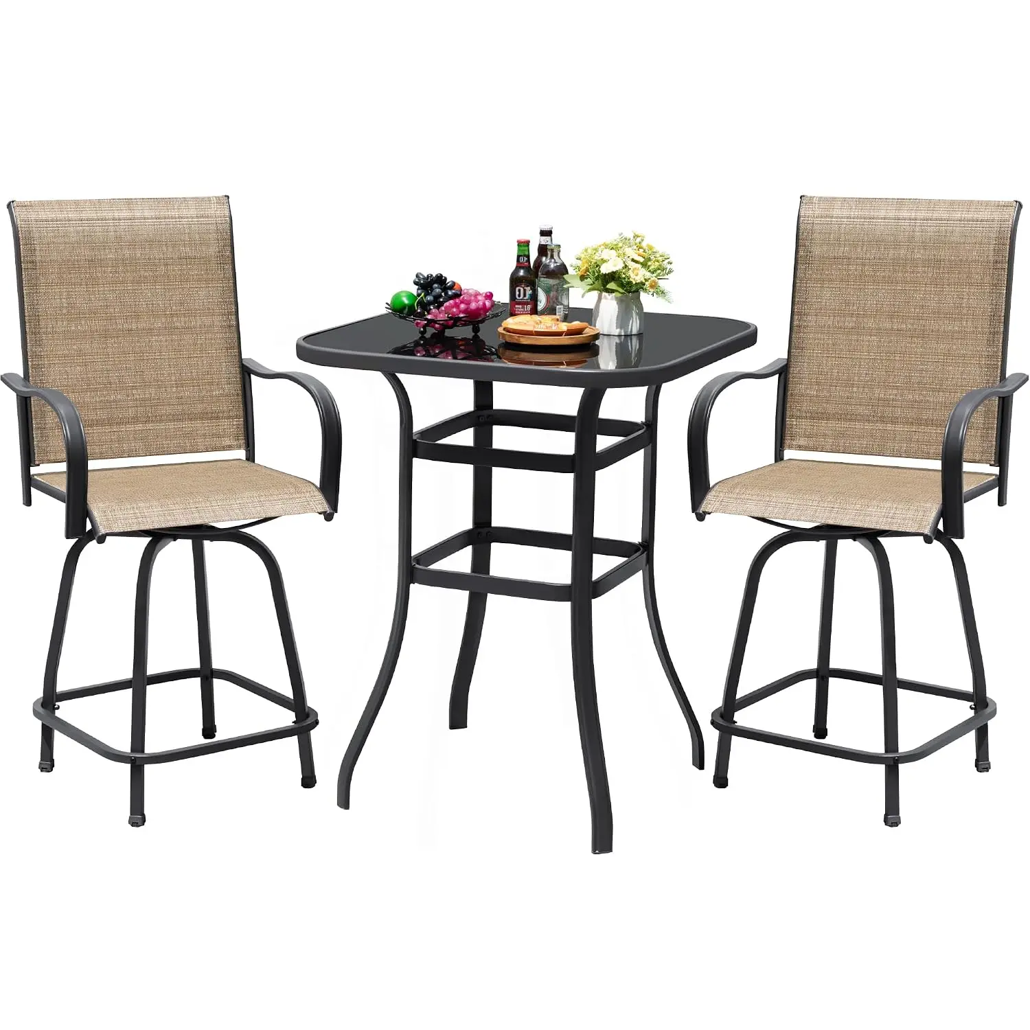 Patio High Top Bar Table and Stools Chairs Set Textilene Sling Fabric Outdoor Bar Stools Set of 2 for Garden, Balcony