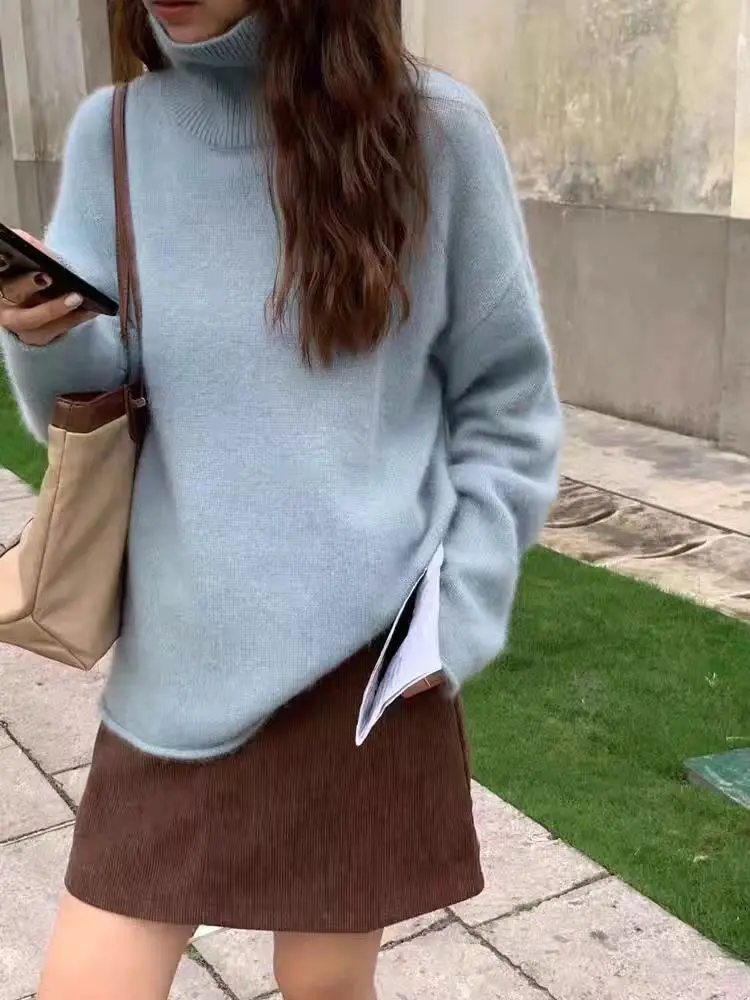 2026 winter turtleneck rolled edge 100% wool sweater women's European goods high-end thickened loose bottom sweater