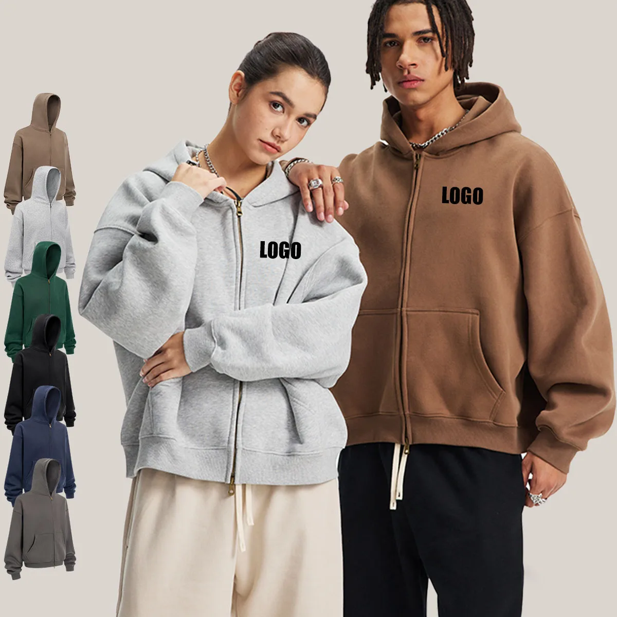 

Custom LOGO Men's 2025 Autumn Winter New 370G Heavy Fleece BOXY Short and Wide Double Head Zipper Cardigan Couple Hooded Sweater