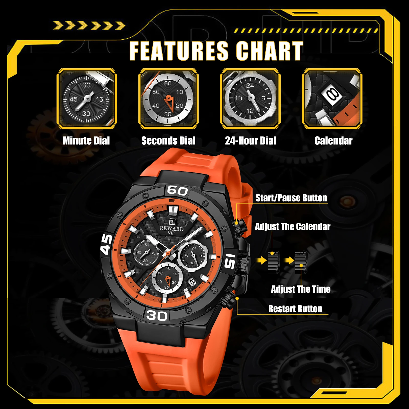 REWARD Fashion Mens Watches Quartz Analog Silicone Strap Wrist Watch Date Waterproof Luminous Chronograph Casual Watches for Men