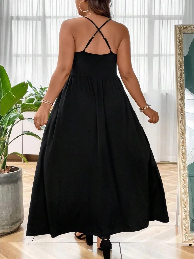 Plus Size Sleeveless Pullover Summer Slip Dress Women Sexy Backless Modis Ruffle Pleated Ladies Dresses A-Line Loose Woman Dress