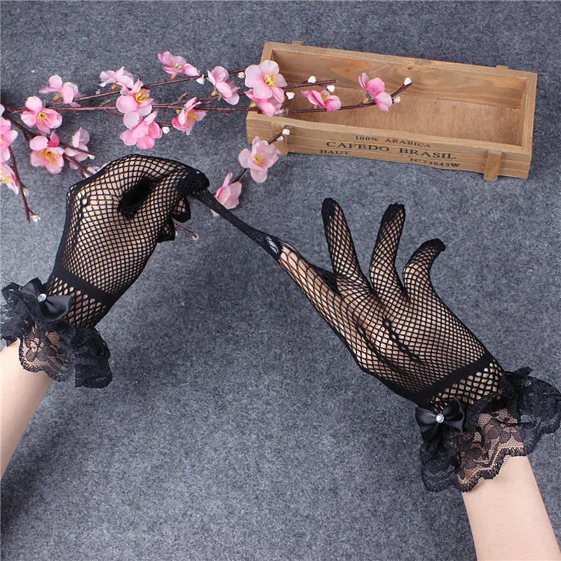 Women Black White Summer Uv-proof Driving Gloves Mesh Fishnet Gloves Lace Mittens Full Finger Girls Lace Fashion Gloves