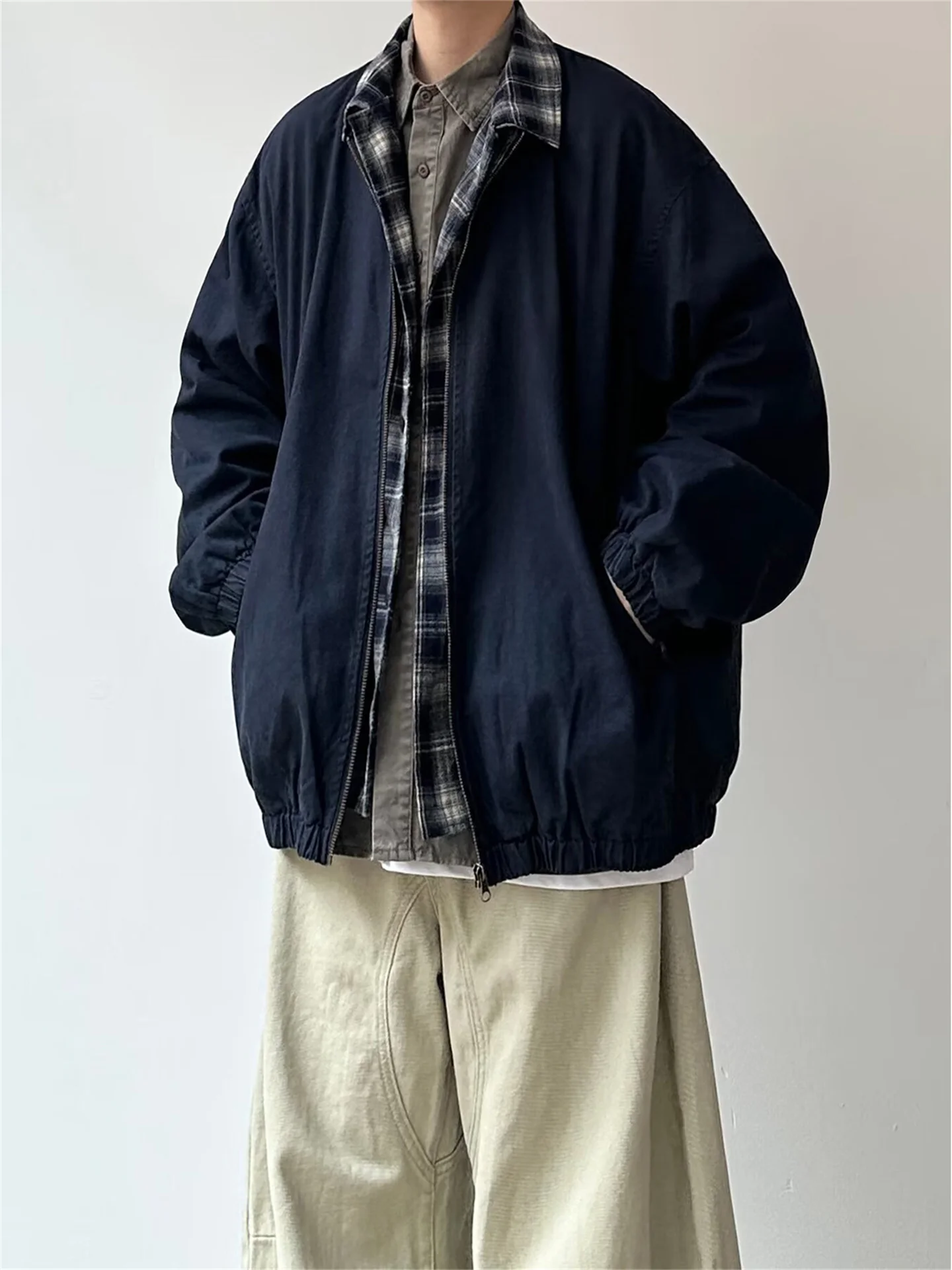 

American Style Vintage Plaid Collar Workwear Jacket Men's Baseball Jersey Fake Two-Piece Loose Fit Spring Casual Fashion