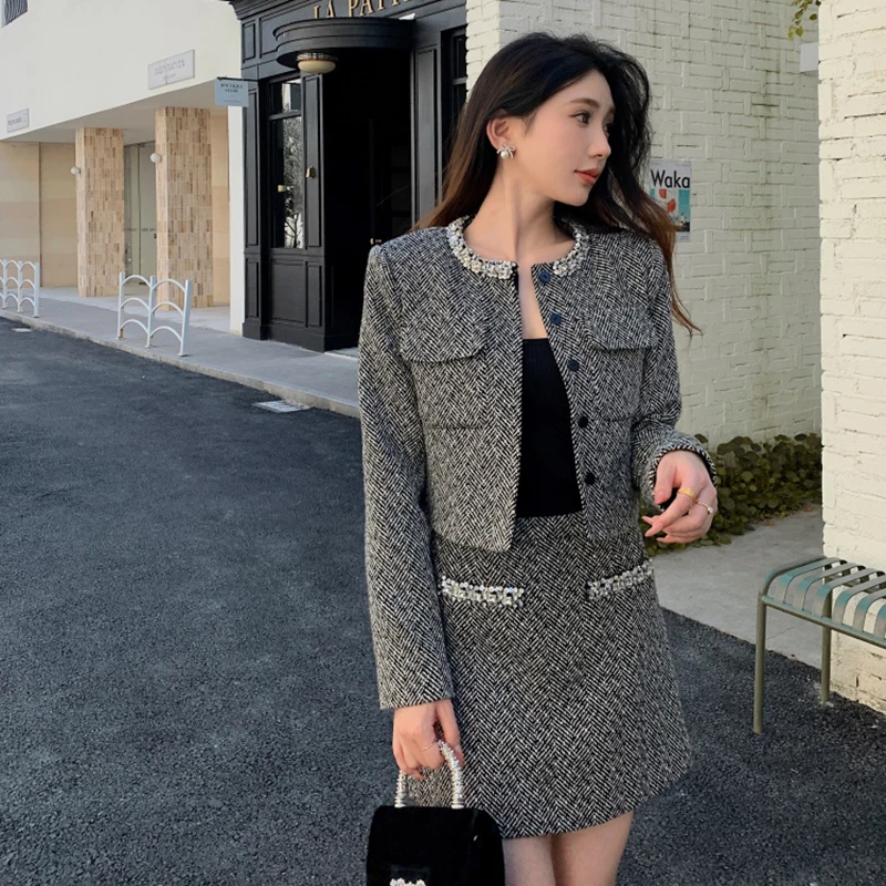 Autumn Winter Diamonds Chain Tweed Two Piece Set Women Jacket Grey Suit Coat+High Waist A Line Short Skirts 2pcs Outfits Female