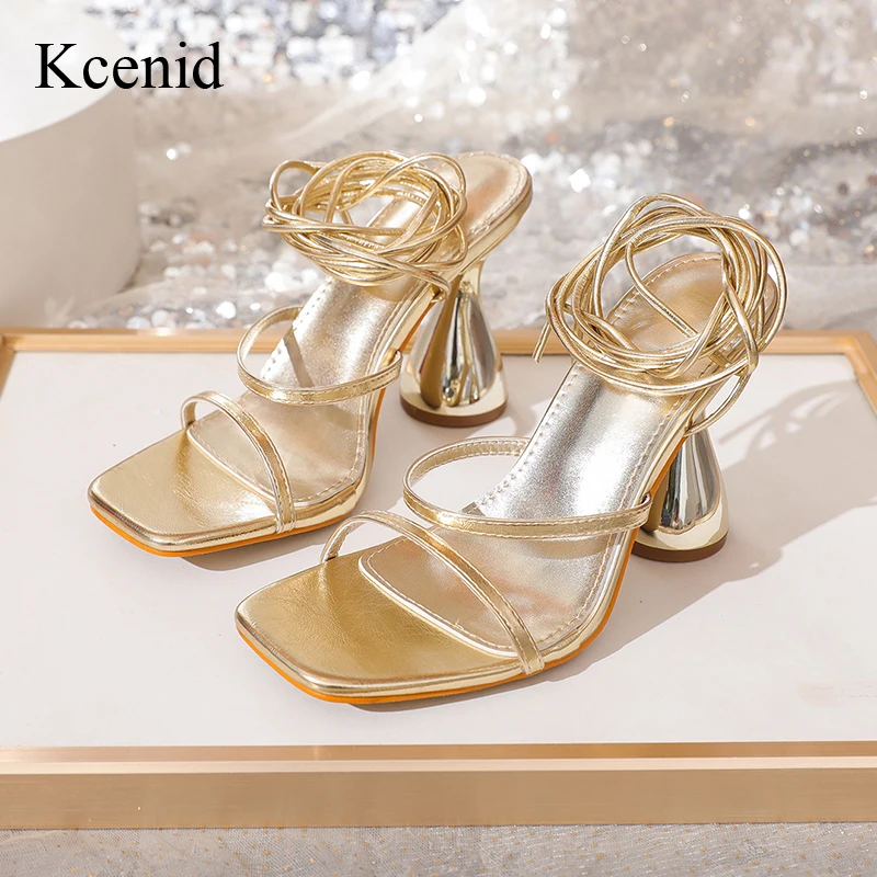 Kcenid Fashion Strange Style Wine-glass Round Heels Sandals Women Summer Narrow Band Square Toe Wedding Banquet Pumps Women