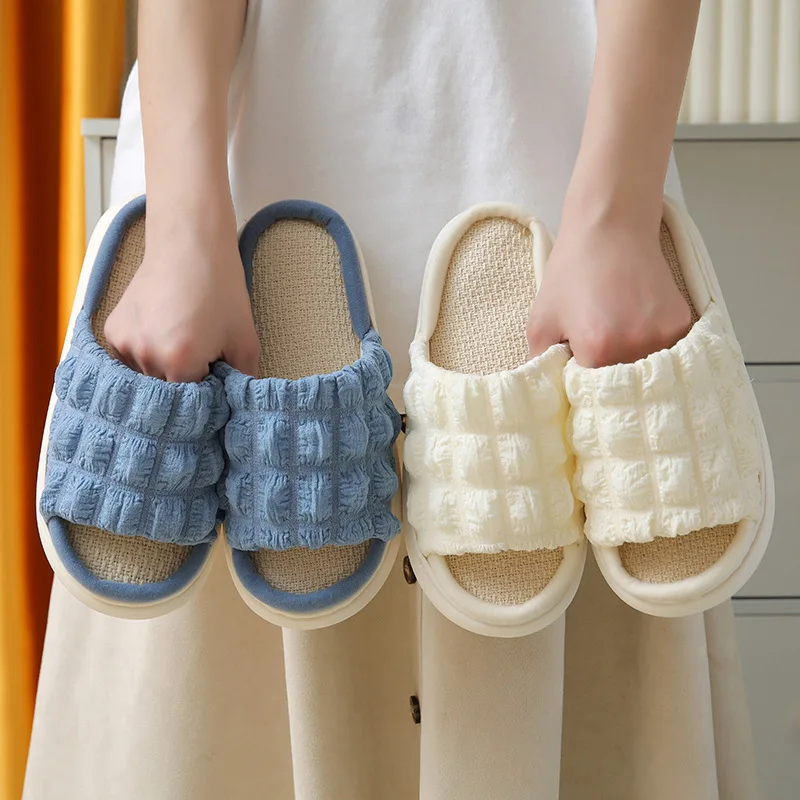 Linen Slippers with Four Seasons Thick Soles Home Fabric Cool Slippers Indoor Couples Stepping on Feces Cotton Linen Slippers