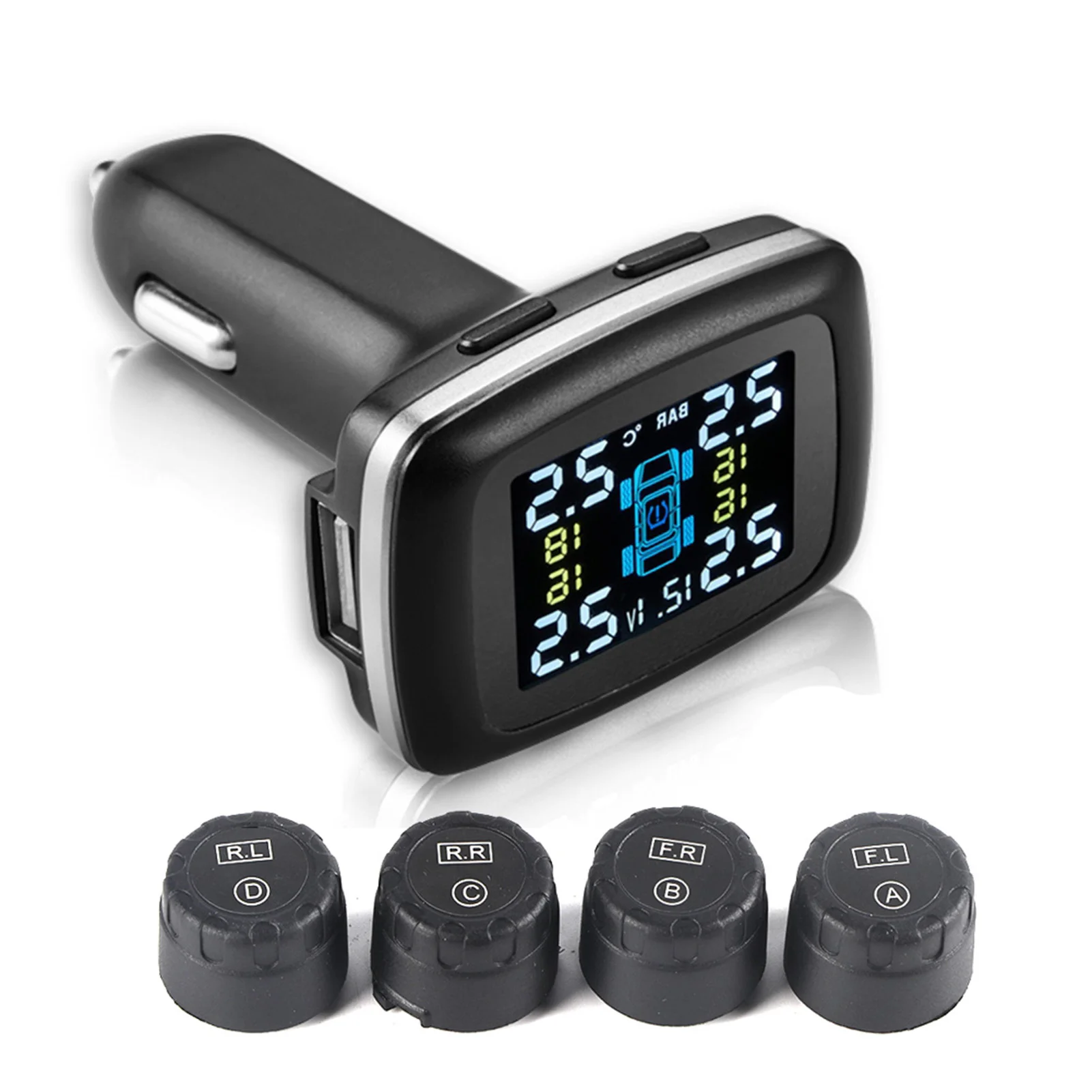 

Car TPMS Tire Pressure Monitoring System Cigarette Lighter With 4 External Sensors