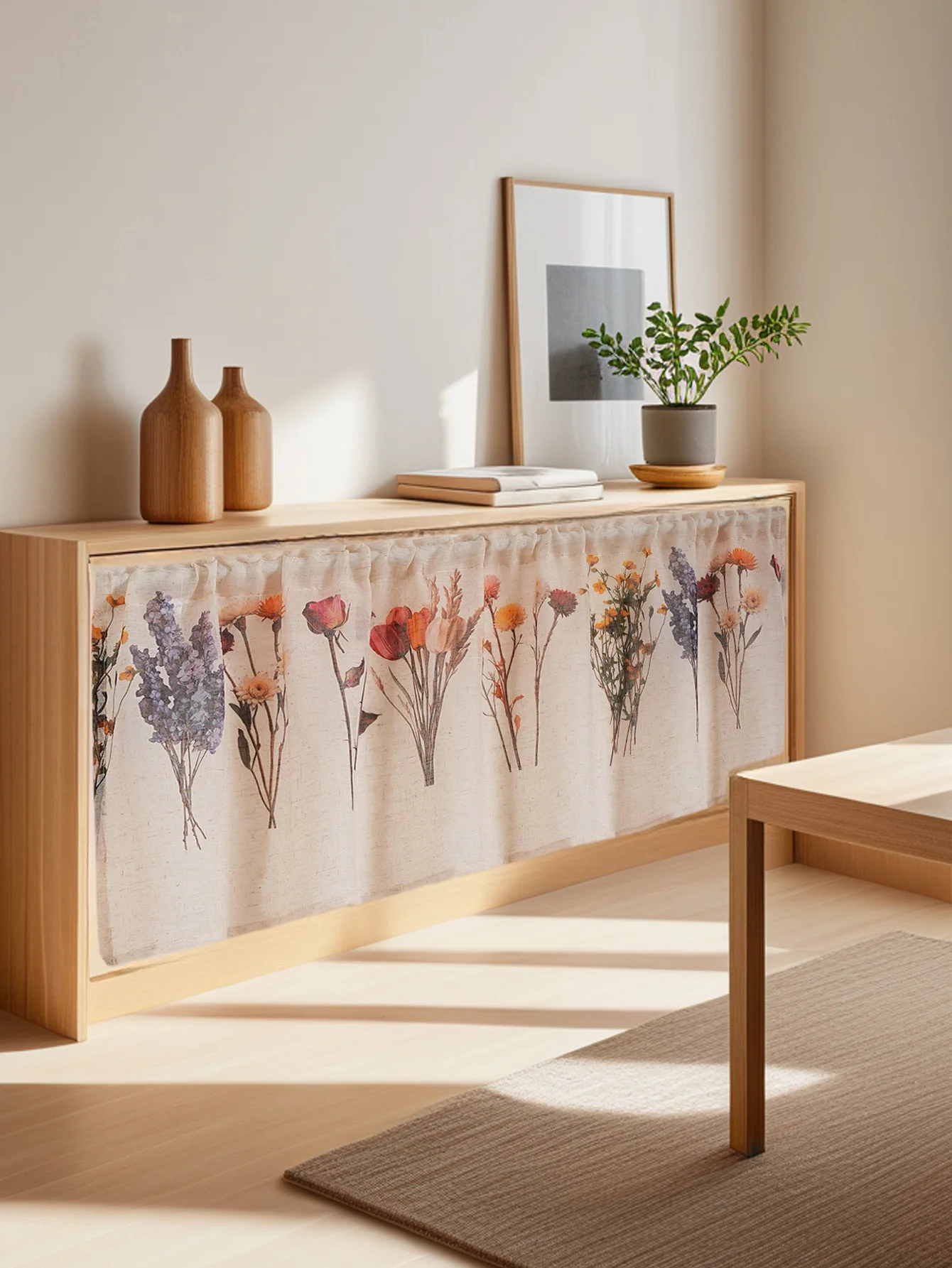 Japanese Style Short Curtain Panels Linen Floral Print Solid Color Living Room Bedroom Window Decorative Mini Drapes