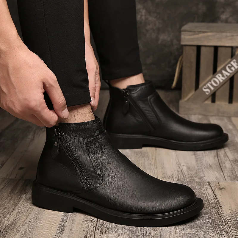 Men\'s boots round head zipper leather Chelsea boots Korean version retro ankle warm boots men British style M920