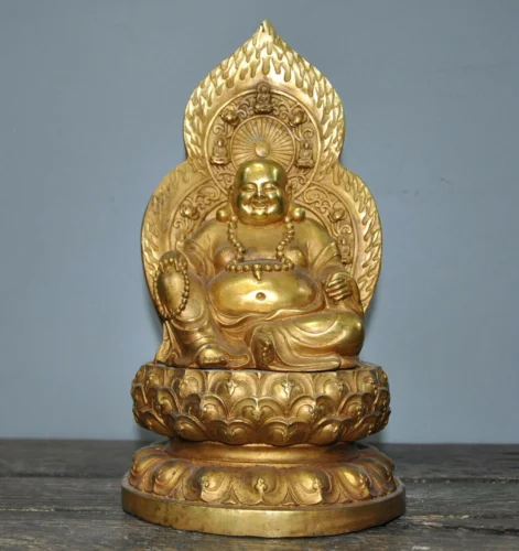 8'' China Buddhism bronze Gilt Happy laughter Maitreya Buddha Hold Beads Statue