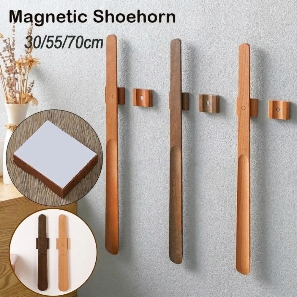 Useful 30/55cm Magnetic Shoehorn Wooden Handle Flexible Lazy Shoe Horn No-Bend Shoe Puller for Elderly, Pregnant Women