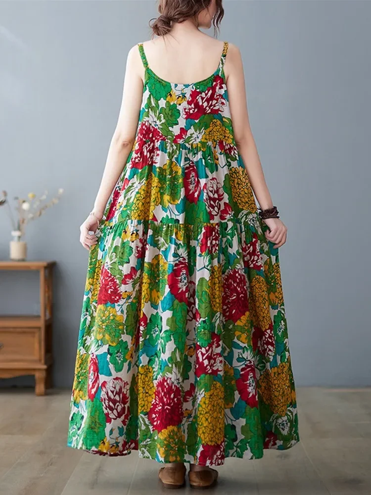 pasek bez rękawów bawełniana pościel vintage kwiatowy nowość w sukienkach dla kobiet luźna długa letnia sukienka elegancka odzież 2025