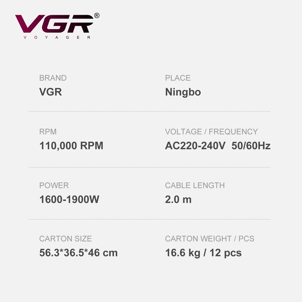 VGR عناية بالشعر بالأيونات السالبة مجفف شعر مُحسّن احترافي عالي السرعة مجفف شعر عرض خاص منخفض الضوضاء مجفف شعر 110,000 دورة في الدقيقة مجفف شعر نسائي V-443