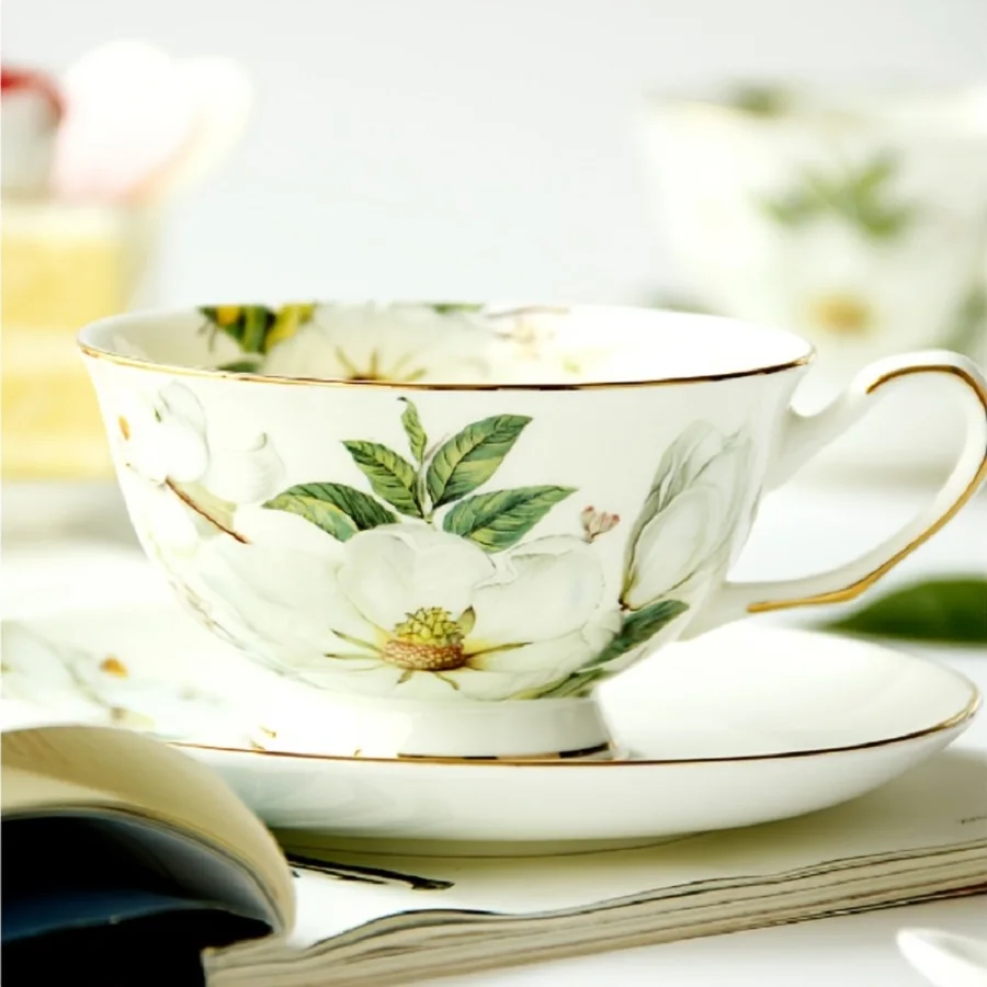 Elegant Camellia Ceramic Tea cup and Saucer Set - 5.7oz, Perfect for Tea Parties, Breakfast, and Everyday Elegance