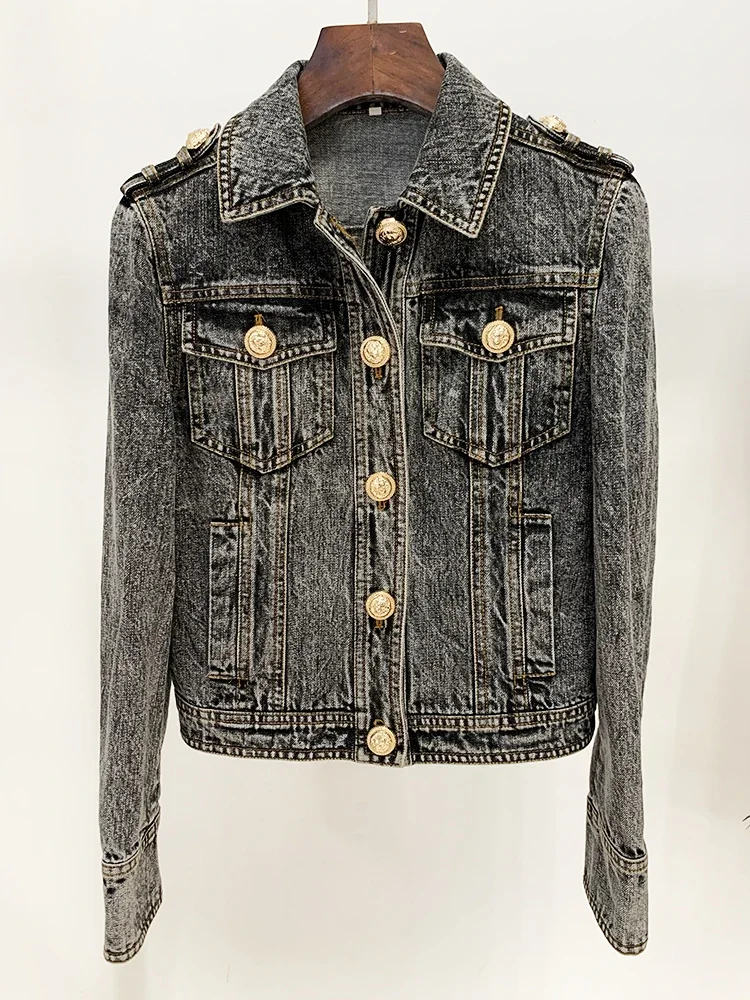 Newest 2024 F/W Designer Fashion Women's Lion Buttons Stone Wash Denim Jacket