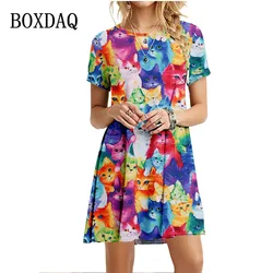Cute Fashion Cartoon Cats Dresses For Women 2022 Short Sleeve Summer Loose Clothing Oversized Street Casual Pattern Print Dress