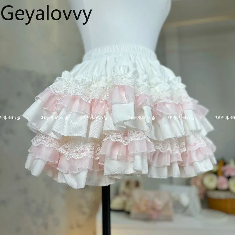 

Summer Sweet New Lace Slimming Cake Short Skirt Cute Girls Versatile White Pink Contrast Elastic High Waist Puffy Mini Skirts