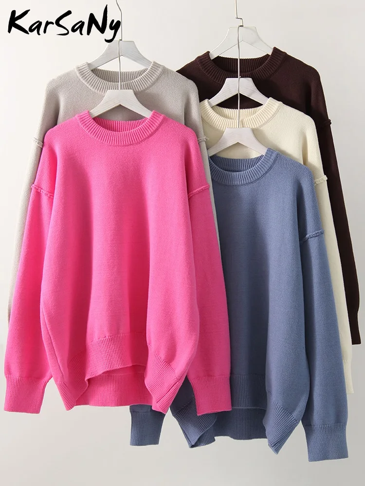 

Autumn Solid Sweaters For Women Loose Long Sleeve Blouses Women's Clothing Sales Elegant Knitted Splicing Oversize Rosy Sweater