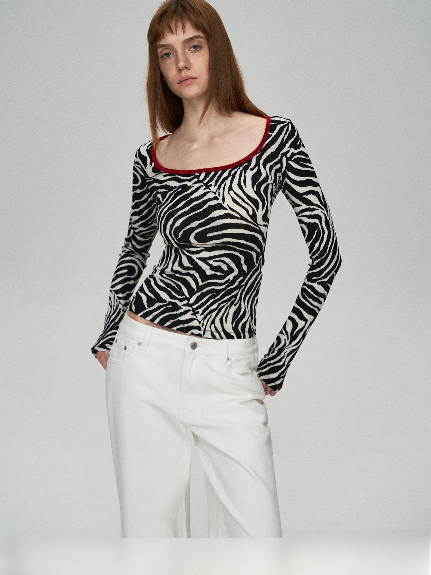 

Fashionable Retro Zebra Print Long Sleeve Large Collar T-Shirt Slim Fit Base Shirt Women's Spring Season Ladies' Premium T-shirt
