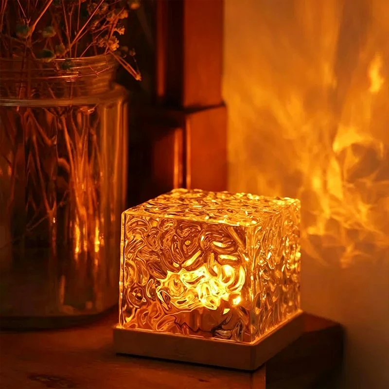 Dynamic Water Wave Projector Lamp 16 Color Changing Cube Night Light with Remote Touch Control Rechargeable RGB Flame Effect