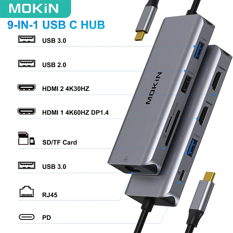 MOKiN 9 in 1 USB C Laptop Docking Station Triple Display Multiport Adapter Type C Hub with HDMI 100WPD for Lenovo/Surface Laptop