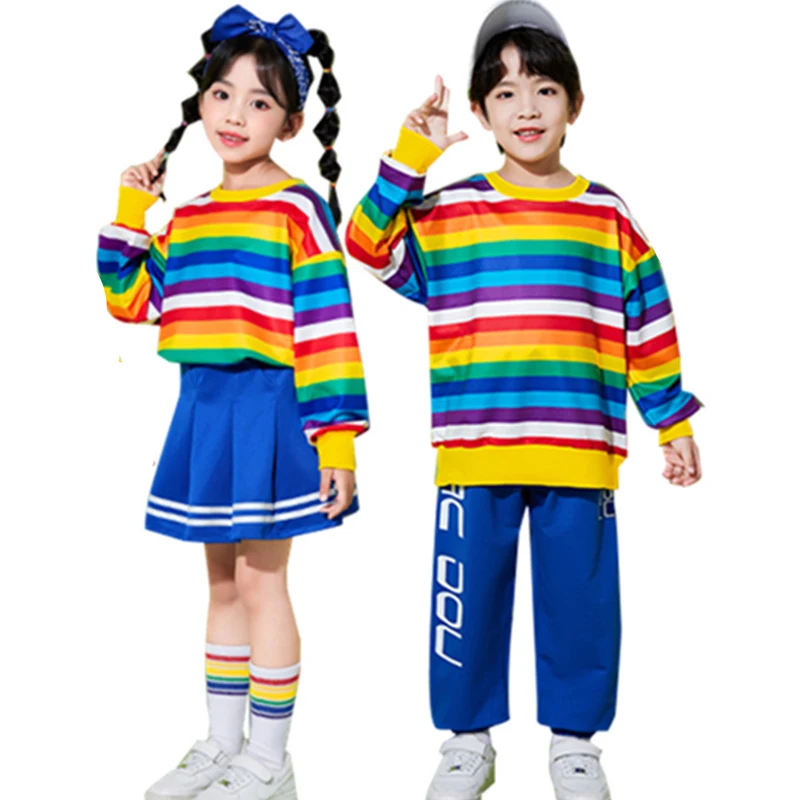 Fashion Child Hip-hop Dance Costume Clothes For Twin Boy Girl Stripe Hiphop T-shirt Pants Set Kids Streetwear Style Stage Outfit