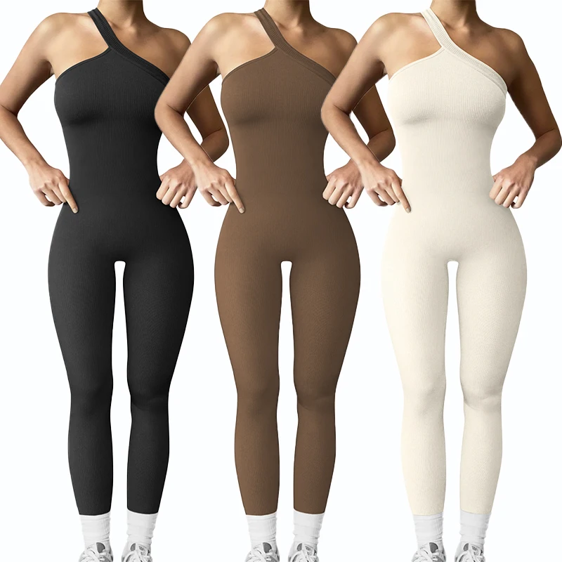 Women Yoga Jumpsuits Workout Ribbed One Shoulder One Piece Sport Jumpsuits Solid Sleeveless Hip Lifting Fitness Jumpsuits