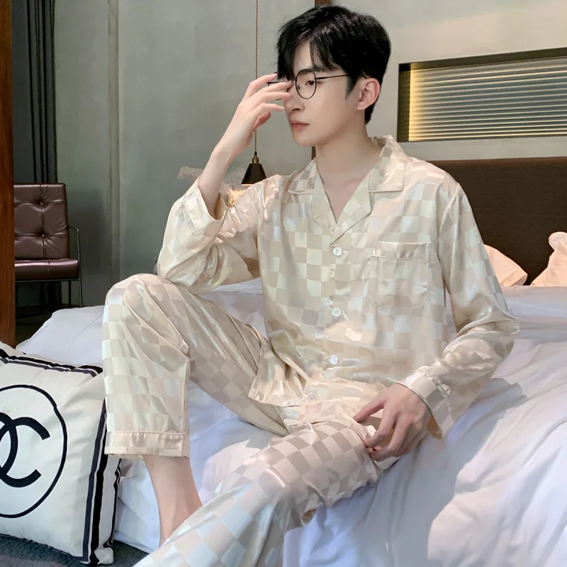 HIgh Quality Pajamas Set Men Spring Autumn Simple Classic Ice Silk Sleepwear Male Two piece Suit Youth Home Clothing Outdoor Boy