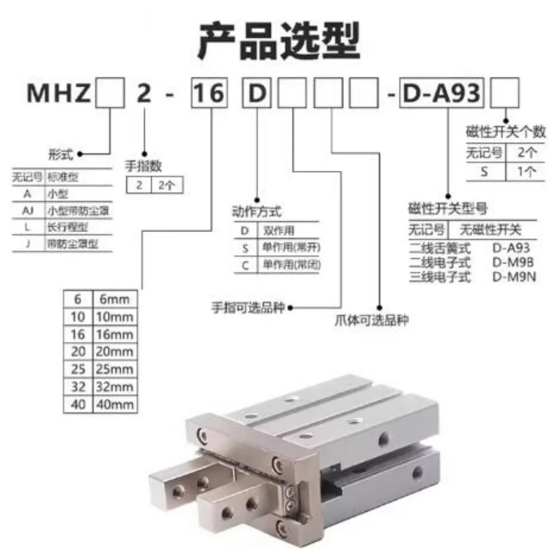 MHZL2 series long stroke finger cylinder MHZL2-16D/MHZL2-20D/MHZL2-16S/MHZL2-16DC parallel pneumatic clamping cylinder