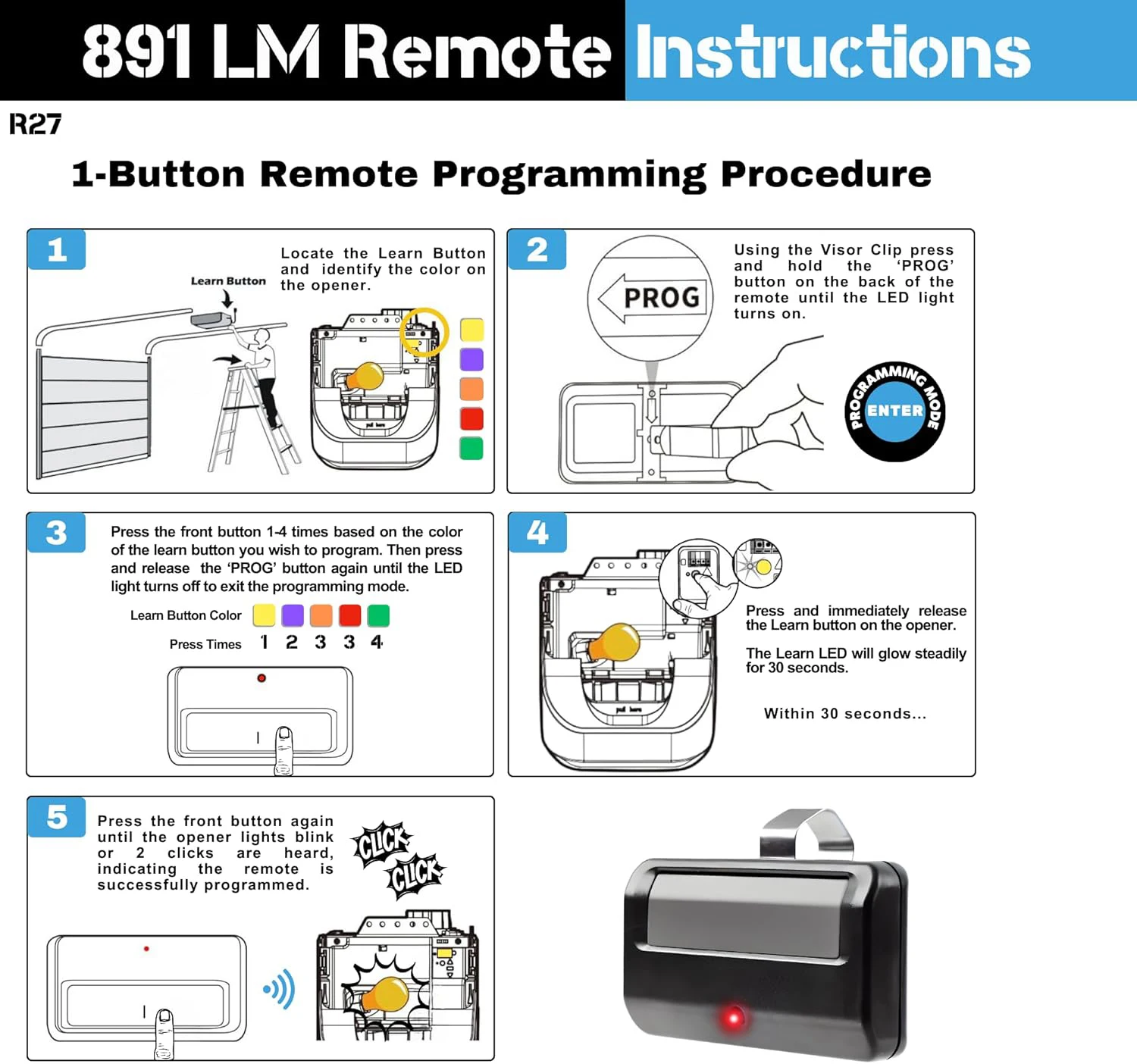 Universal Garage Door Opener Remote Control 3PCS 891LM for 5 Color Learn Buttons with Visor Clip
