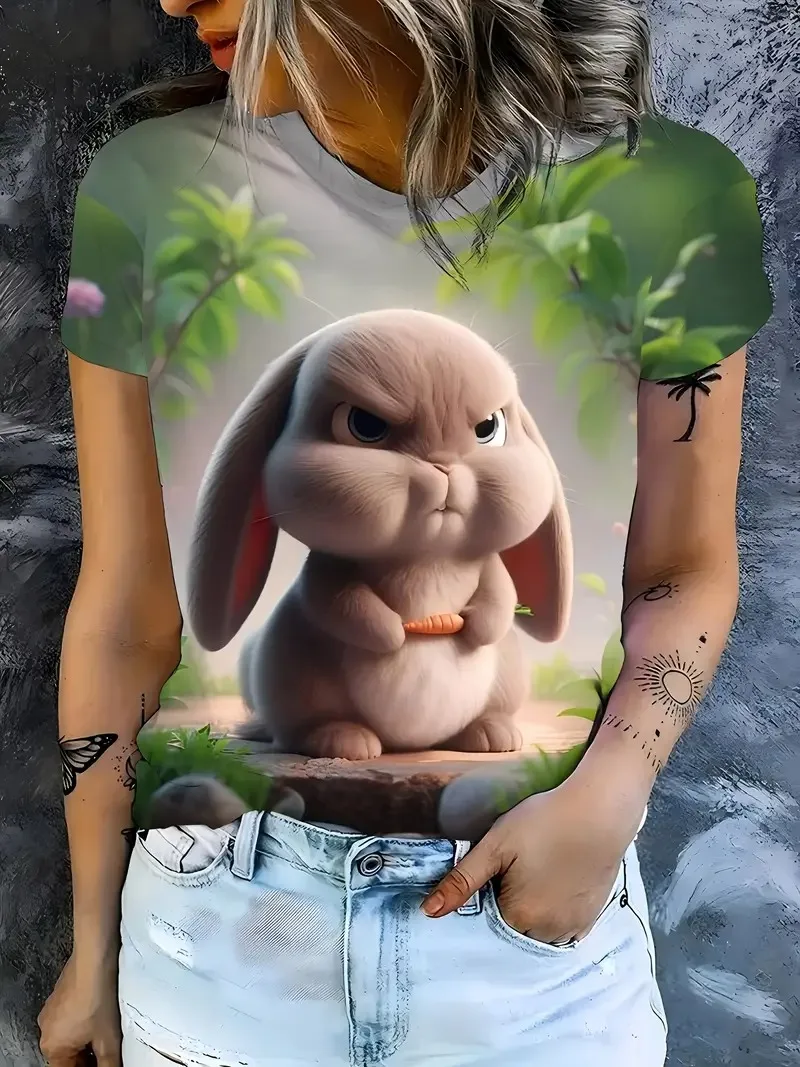 만화 토끼 녹색 모자 클로버 패턴 인쇄 여성 반팔 티셔츠 유행 여름 캐주얼 오버 사이즈 여성 의류