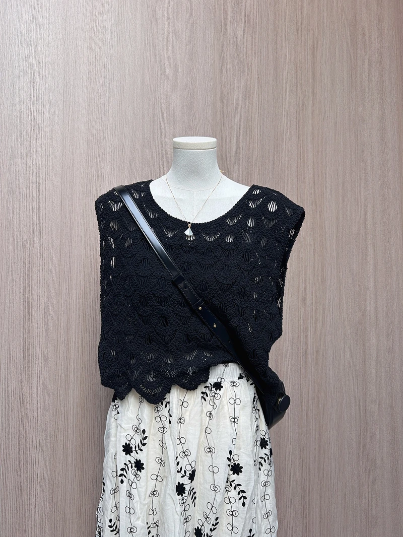 

Simple Bla Hollow out Knitted Vest Top Women's Summer Thin Svel round Ne Outerwear Korean Sle Commute Faion