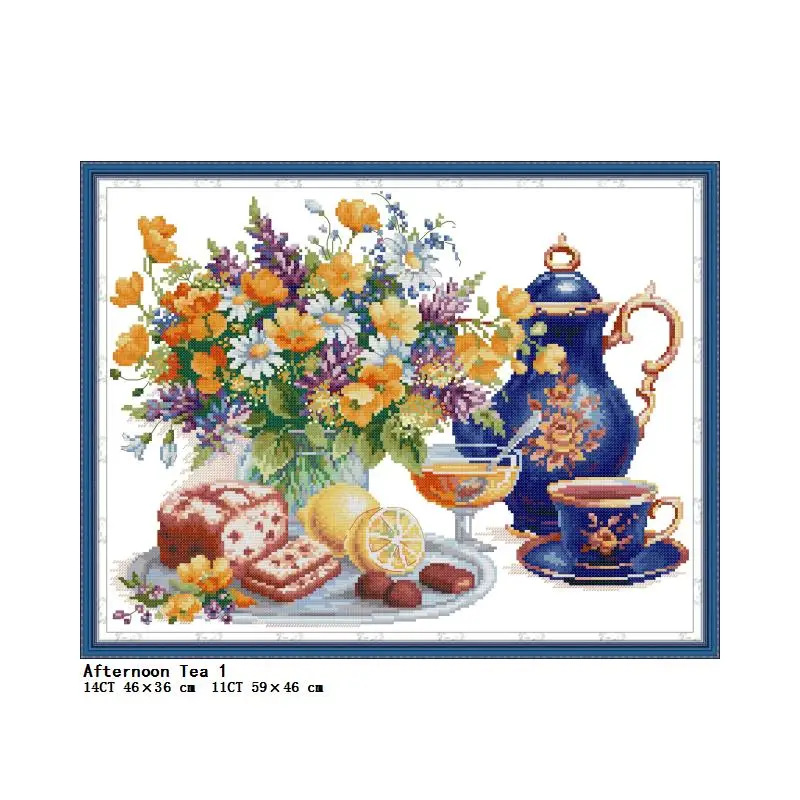 Flower Afternoon Tea Series Cross Stitch Kit Aida 14CT 11CT Canvas Fabric Needle Thread Sewing Set DIY Embroidery Kitchen Decor