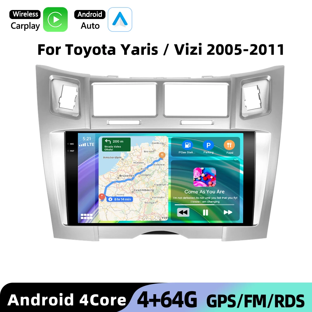 Podofo voor Toyota Yaris/Vizi 2005-2011 Draadloze CarPlay voor Apple Android Auto autoradio GPS FM WiFi BT Multimedia Stereo EQ