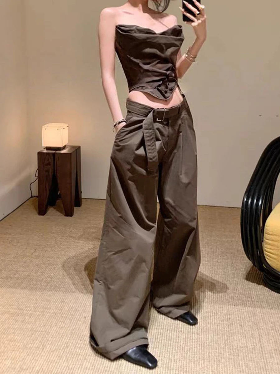 TWOTWINSTYLE 솔리드 투피스 세트 여성용 Strapless 민소매 탑 하이 웨이스트 루즈 캐주얼 와이드 레그 팬츠 Femle Fashion Style
