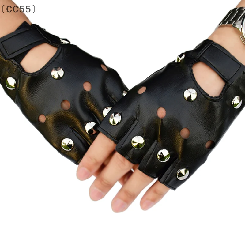 itariaCC55 soiStreet Dance Halbfinger-Lederhandschuhe, schwarze Performance-Handschuhe mit Nieten, fingerlose kurze Handschuhe
