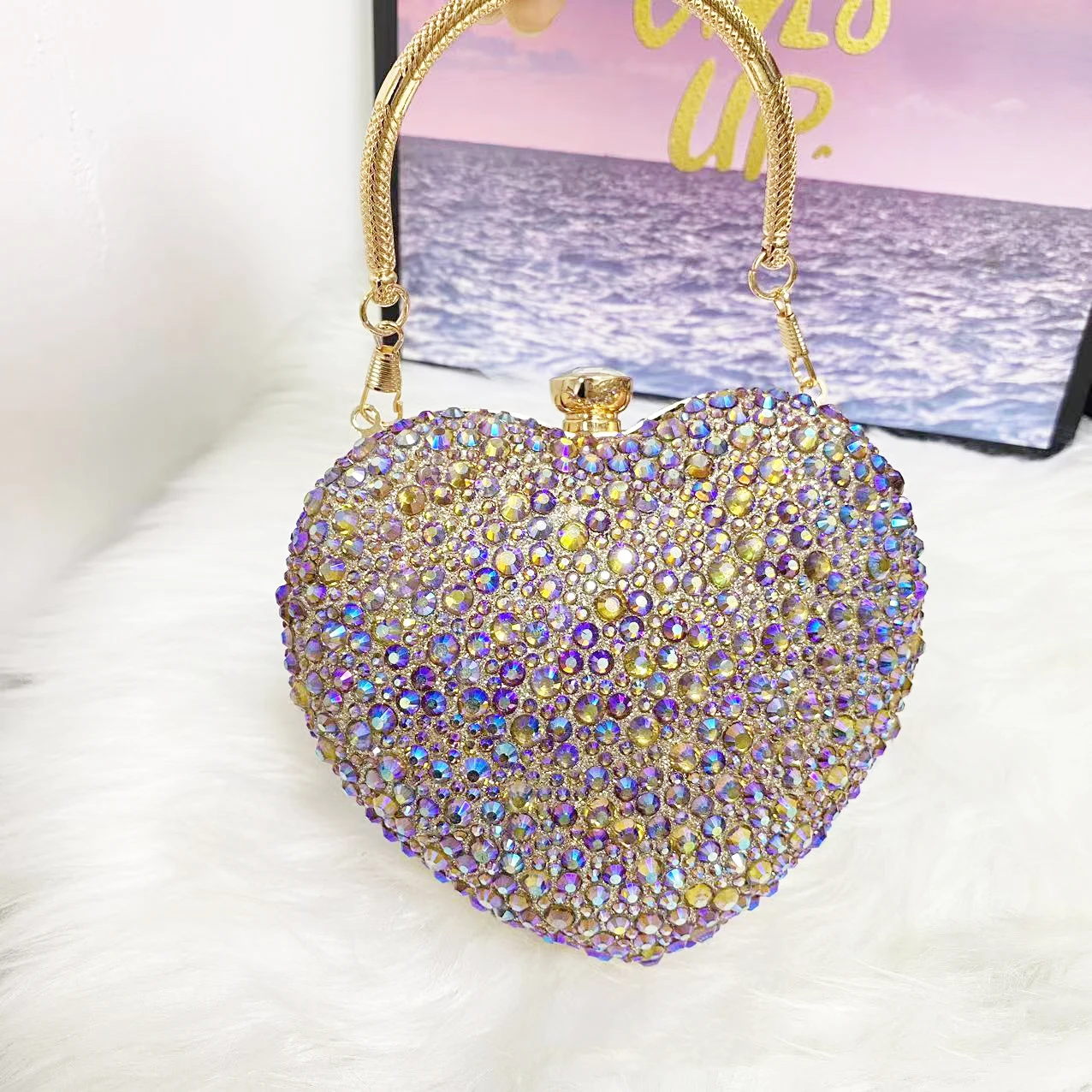 فاخر شكل قلب الماس كريستال مساء مخلب محفظة الأحجار حجر الراين حقيبة يد صغيرة لحفل الزفاف حقيبة كتف مقبض