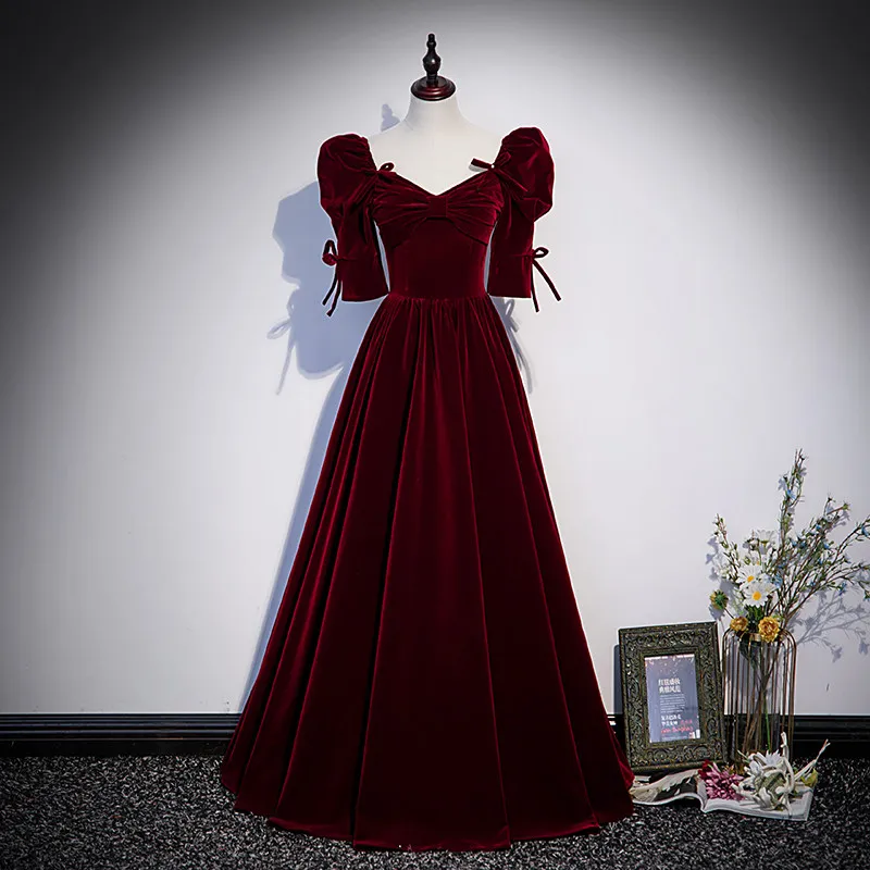 

Evening Dress Elegant Simple Bow Short Sleeves Pleat A-Line Lace Up Floor-Length Burgundy Velour Party Formal Gown Woman B1923