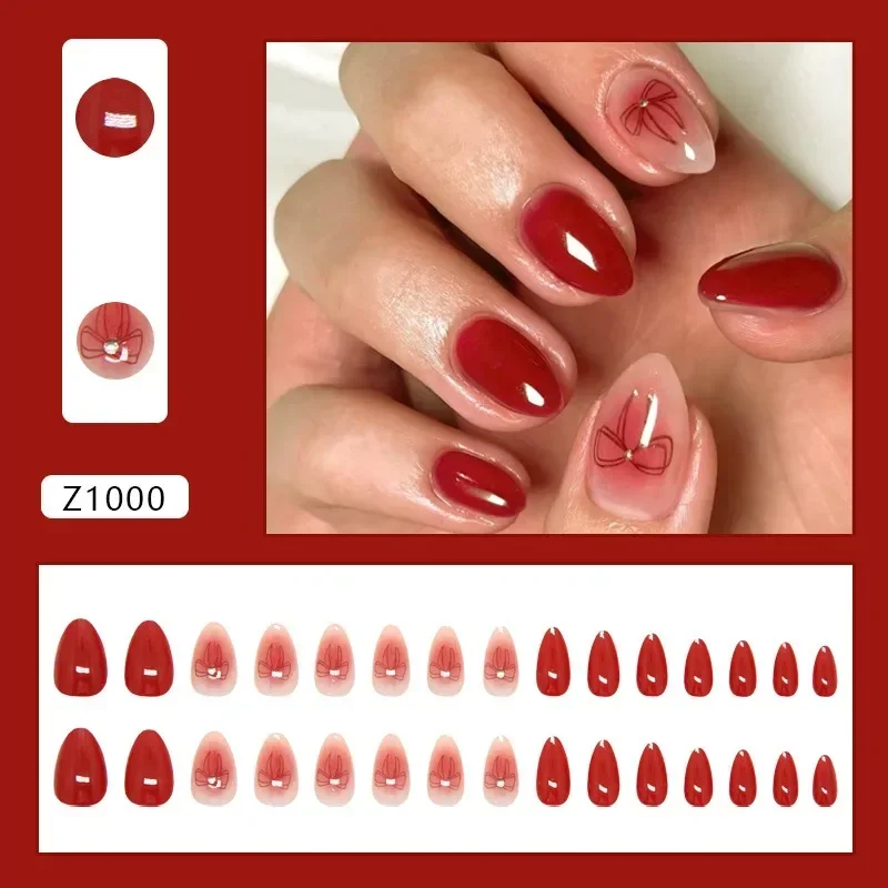 24Pcs Red Powder Blusher Press-On Nails Almond Shape Sweety False Nails with Bow Design for Women&Girls Valentine's Day Nails