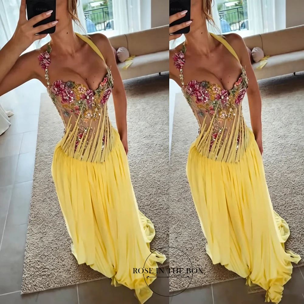 ROSEINBOX Halter Chiffon Lace Floral Sequined Evening Dresses Mermaid Draped Prom Dresses for Women Customized Party Gowns