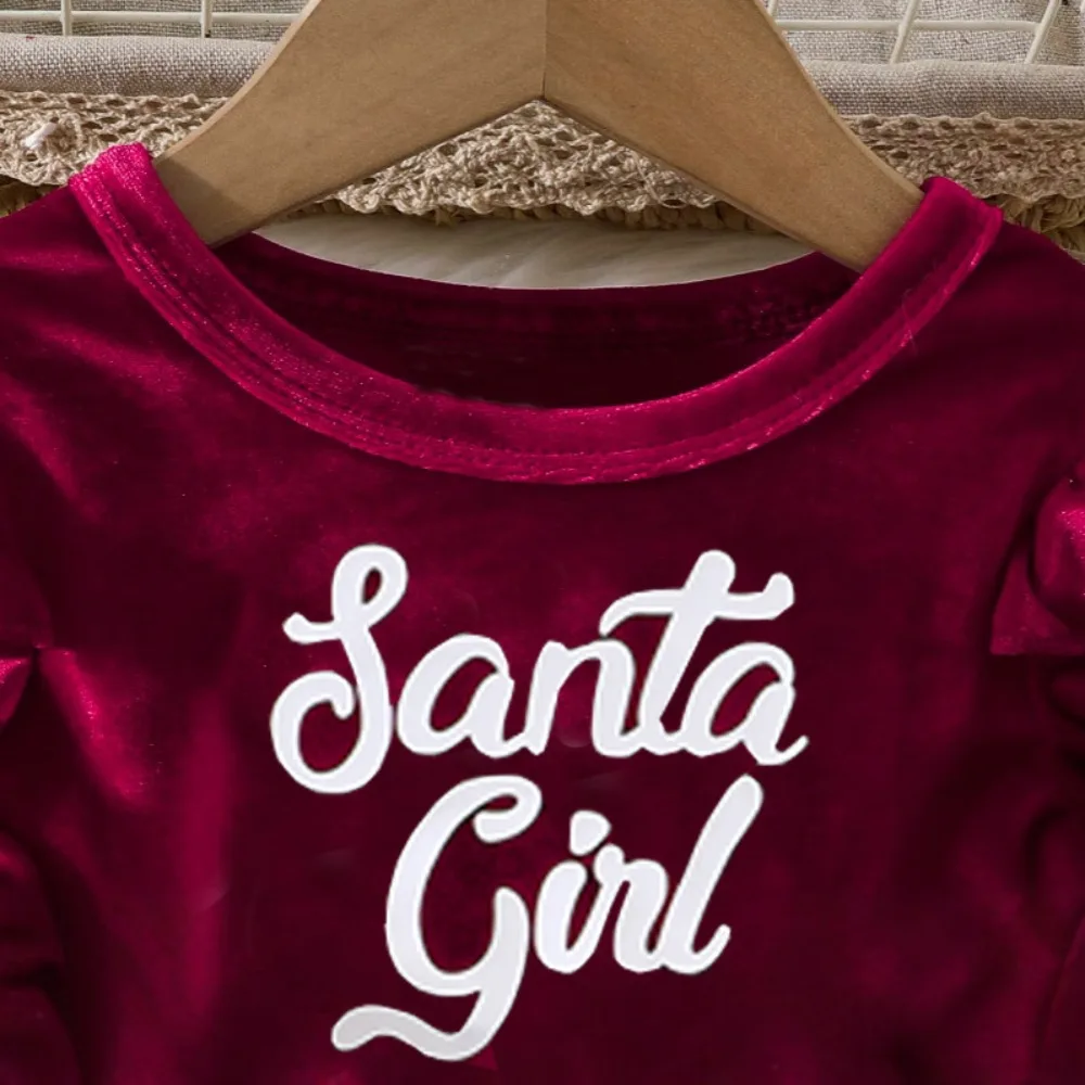 Urso líder bonito vestido de bebê carta vermelha impressa manga longa natal roupas infantis emenda de pelúcia vestidos de ano novo da menina