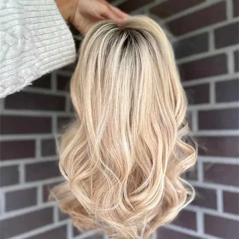 18インチ ショルダーハイライト ボディウェーブ 合成ウィッグ 女性用 オンブルライトブロンド 13x4 HD 透明レースフロントウィッグ 女の子へのギフト