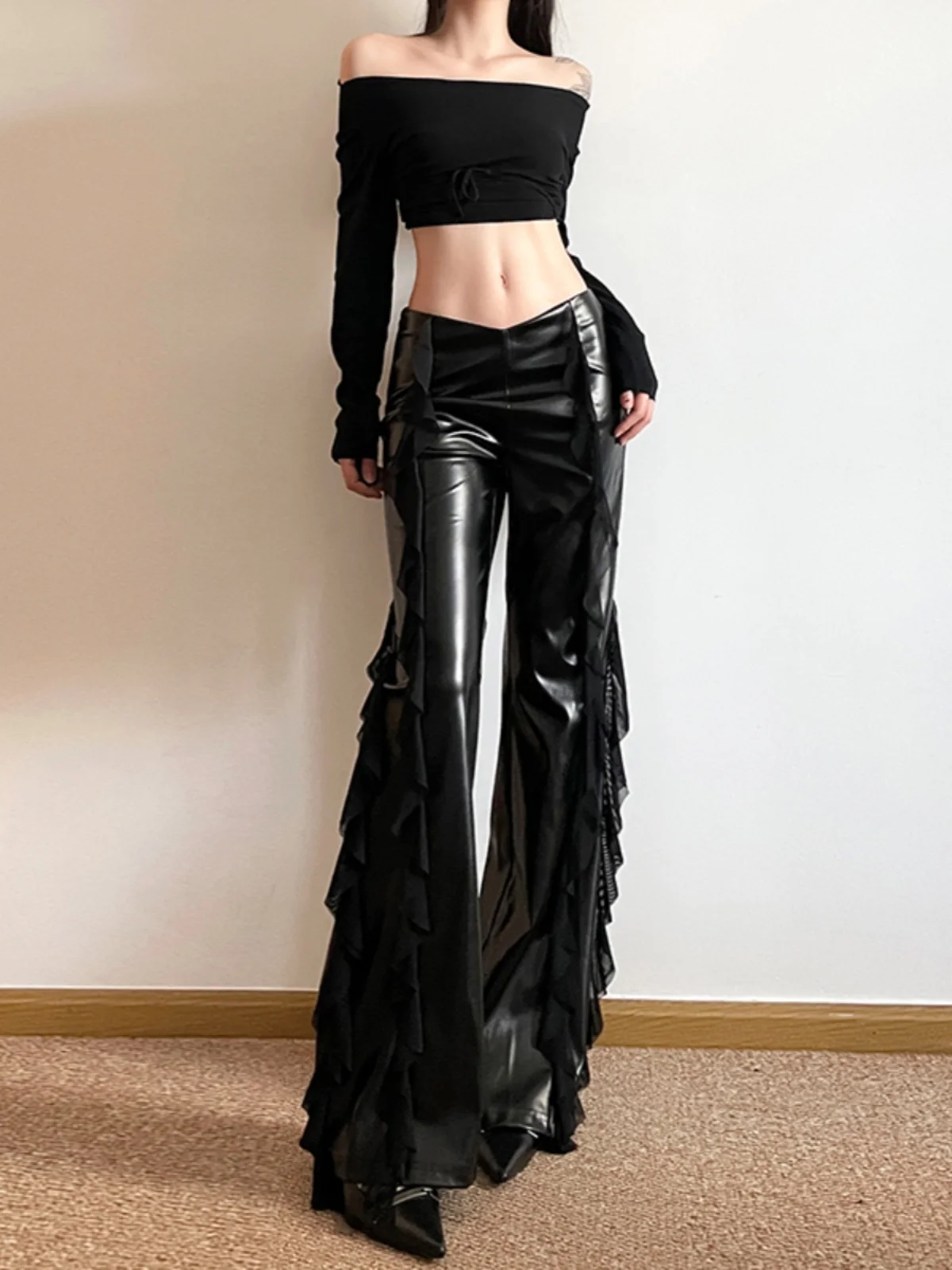 Gothic Street Sle Leather Pants for Women High Waist Tassel Detail Me Splicing Drapey Versatile Long Pants by Weird Puss
