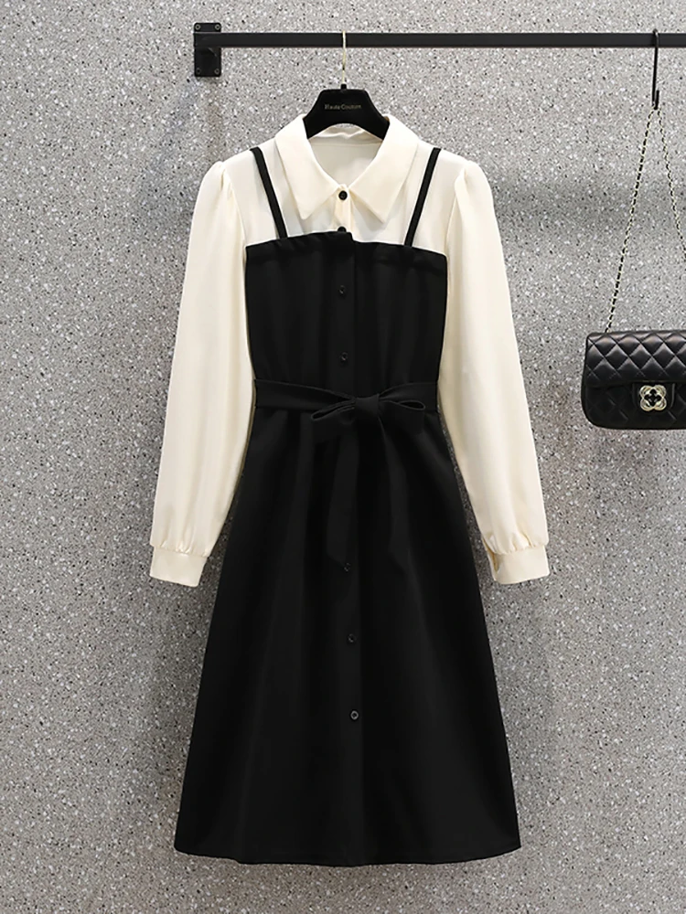 Women Elegant Bodycon Office Lady Dress Autumn Winter Black Patchwrok Polo Collar Fake Two Piece Dress 2024 Korean Vintage Dress