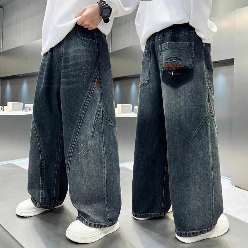 New Fashion Kids Patchwork Jeans with letter for Boys Girls Casual Streetwear Denim Pants Child Straight Fit Jeans Trousers