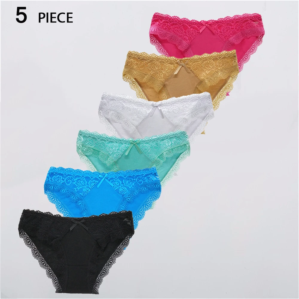 5 Pcs/Set Women's Cotton Panties Sexy Lace Transparent Briefs Female Underwear Lady Lingerie Comfortable Soft V-Back Design