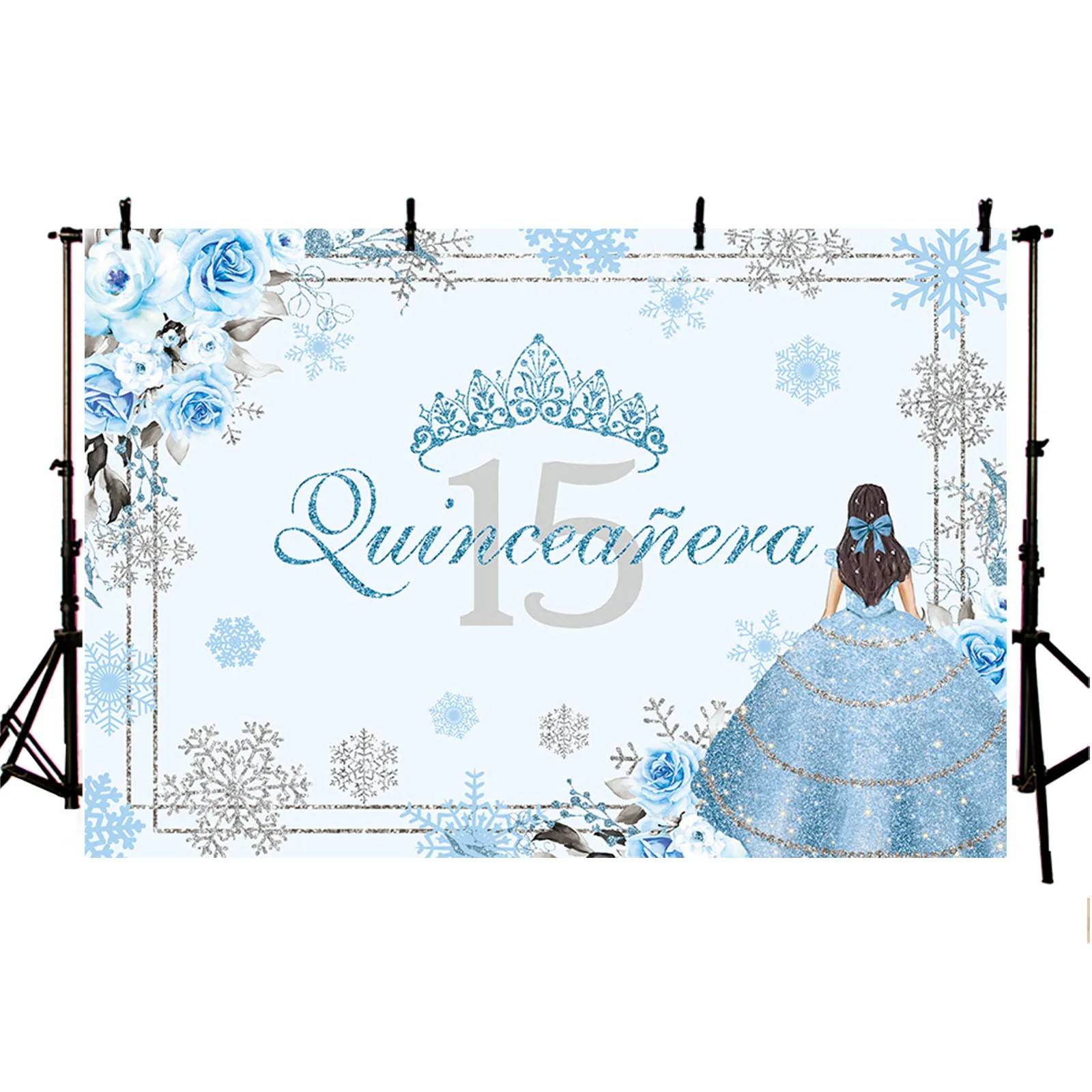 Winter Quinceanera 15th Birthday Backdrop Girl Princess Dress Photography Background Crown Snowflake Flower Cake Party Decor