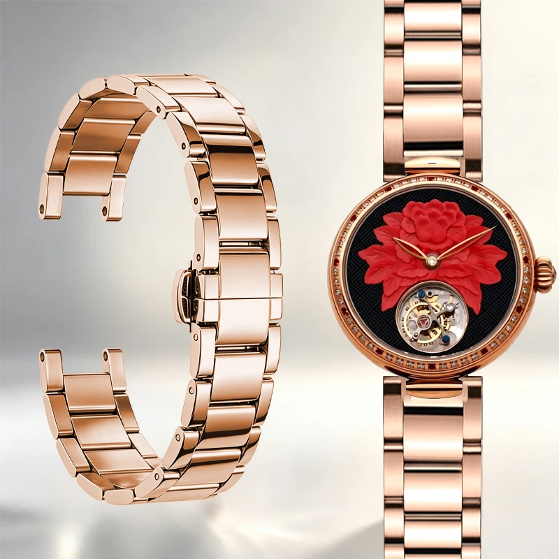 Curved watch strap made of fine steel for Seagull 318.95.7025VL with enamel engraving of blooming flowers and auspiciousness