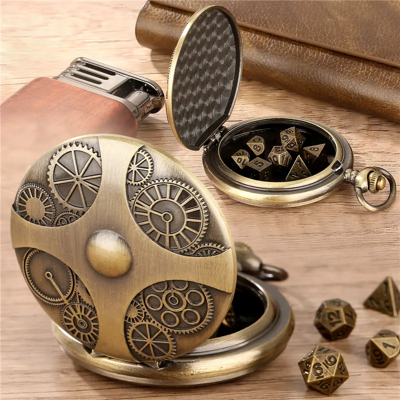 Antique Engraved Gear Cover Pocket Watch Case with Fob Chain 7Pcs/set Metal Polyhedral Dice Game Accessory Gaming Gift