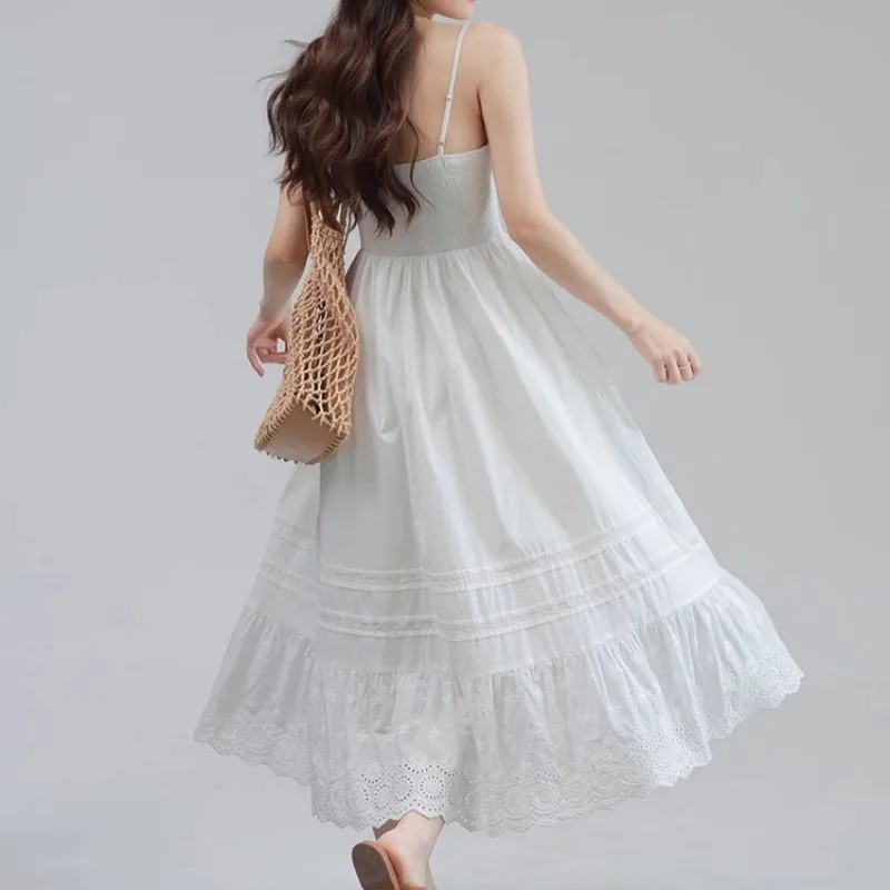 White Elegant Women Dress Lace Patchwork Lace-up Sleeveless Clothing Lady Slash Neck Strapped Dresses Bodycon Summer Holiday